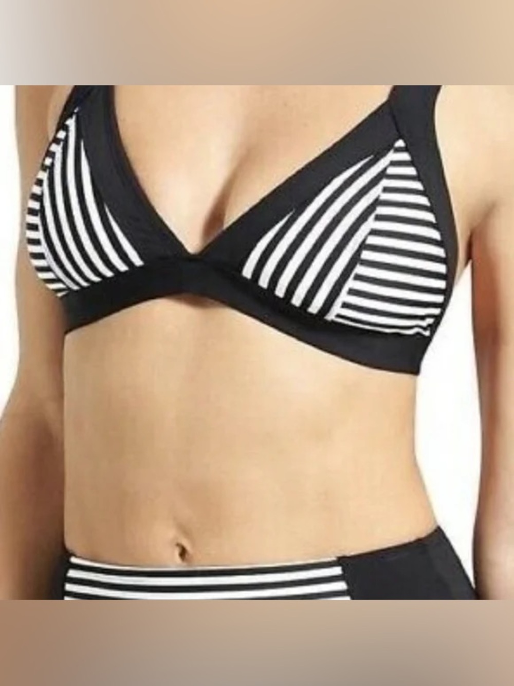Athleta Black & White Striped Triangle Bikini Set bottom L top M